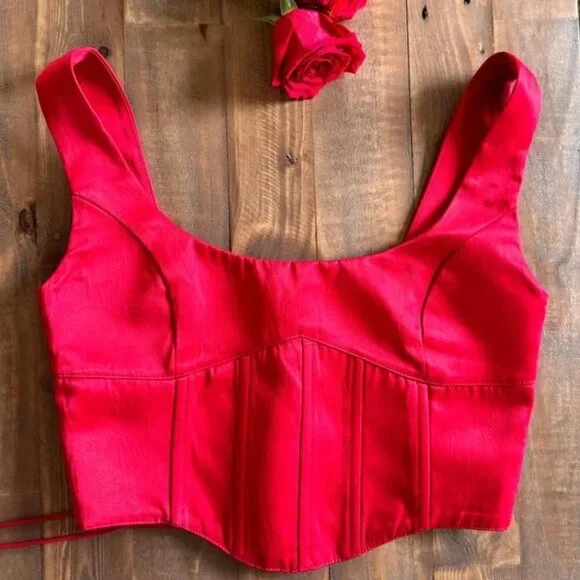 Danielle Guizio Satin Red Lace Up Bustier Corset - Picture 12 of 13